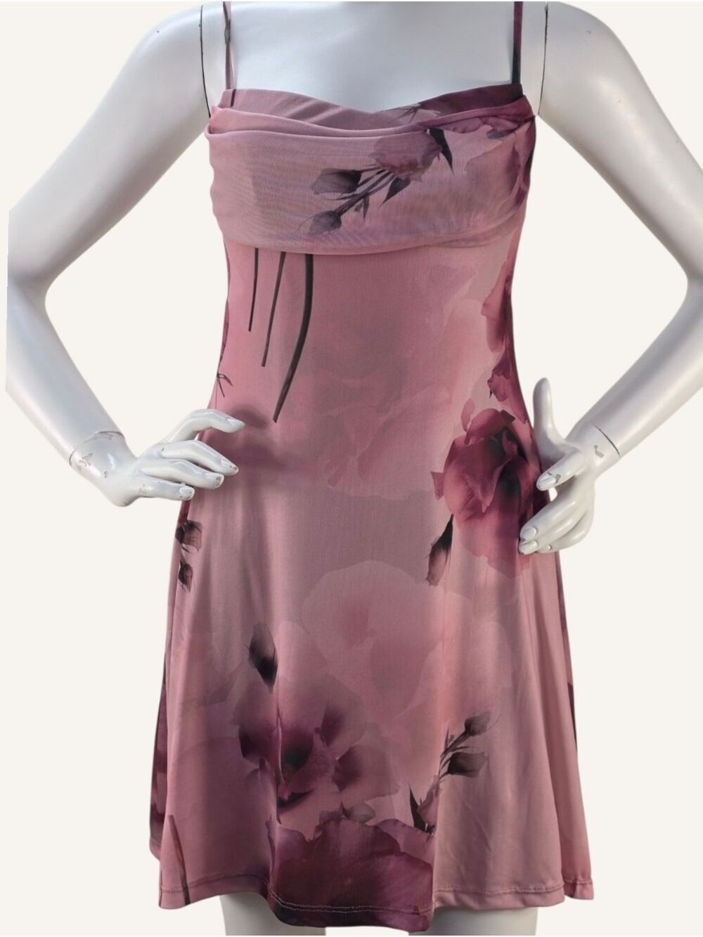 Lovely Day Floral Mesh Cowl Neck Mini Dress NWT Mauve Pink Medium - Picture 1 of 9